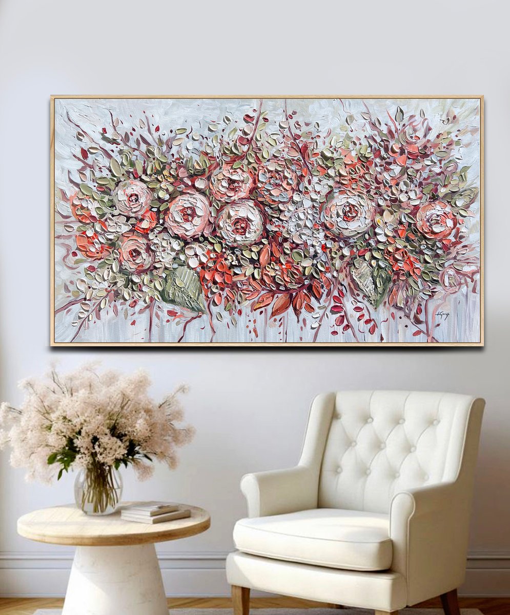 Abstract Botanical Acrylic Painting By Lana Guise, 49 X 29", Holiday Blooms, Original Artwork