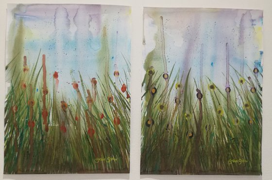 Watercolour Flower Splash Diptych on paper