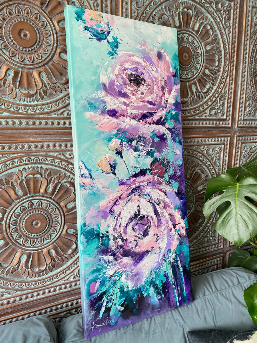 Abstract Botanical Acrylic Painting By Irina Rumyantseva, 16 X 40, Pink Blossoming Flowers, Original Artwork