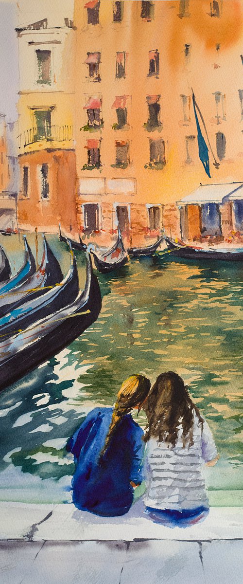Venice. Two friends. Big format watercolor urban landscape Mediterranean italy sea bright architecture friendship girls urban gondola old travel by Sasha Romm