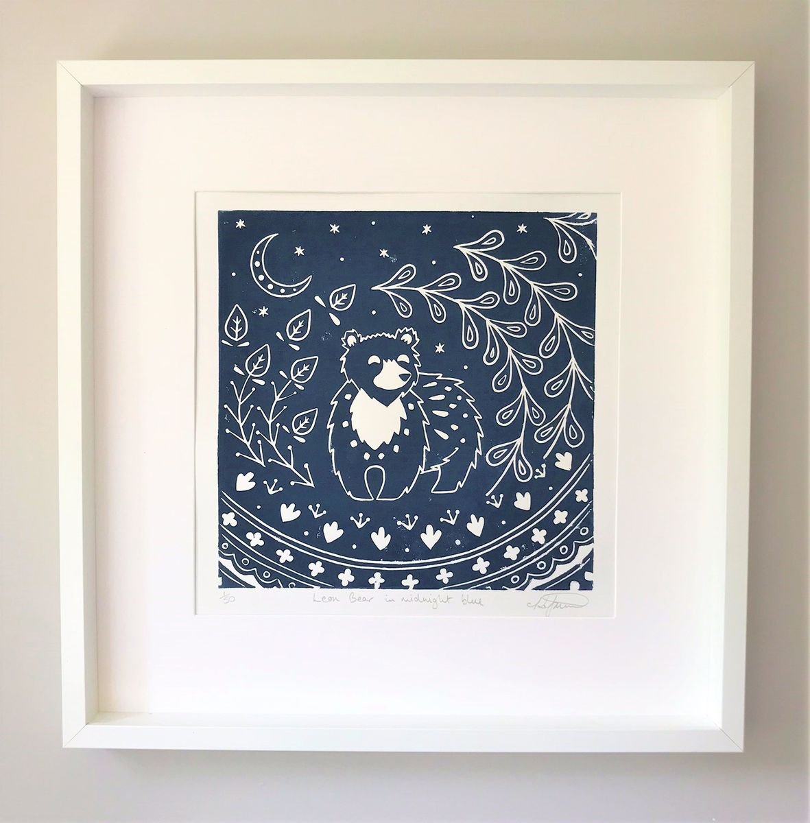 Leon Bear in midnight blue, limited edition scandinavian folk art, linocut print by Katie Farrell