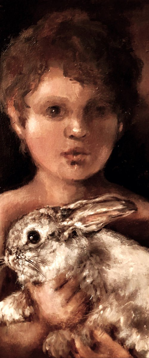 Boy with Jersey Woolly Rabbit by J Alexandra  Connor