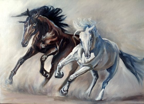 SFPAT420 half nude man & two horses art hand-painted oil painting on canvas 