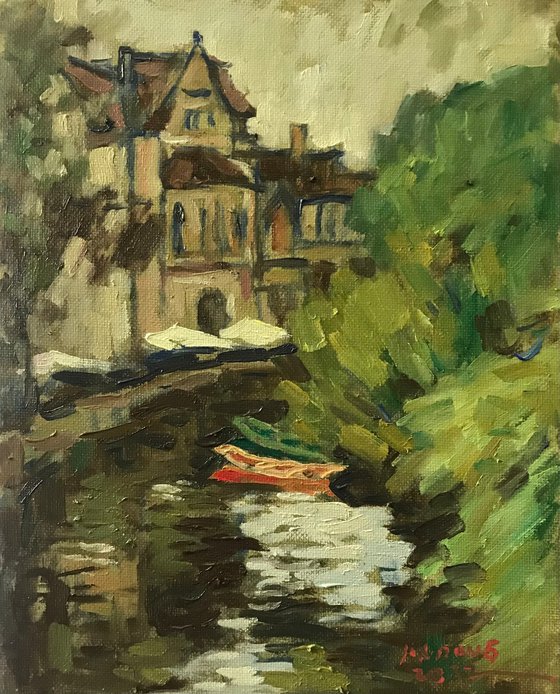Original Oil Painting Wall Art Signed unframed Hand Made Jixiang Dong Canvas 25cm × 20cm Cityscape Riverside Oxford Small Impressionism Impasto