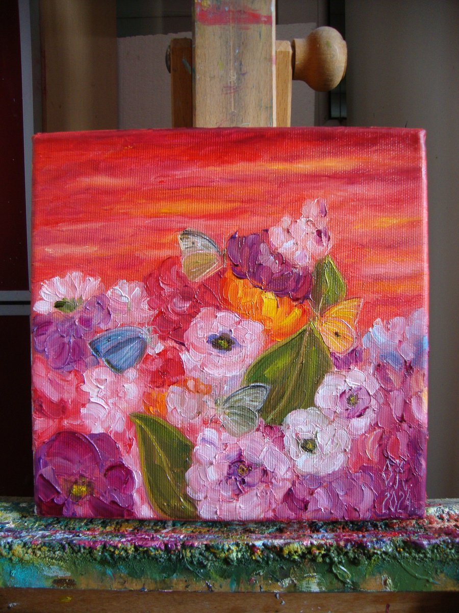 Impressionistic Botanical Oil Painting By Olga Knezevic, 8 X 8", Tropical Garden, Original Artwork