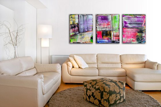 "Painting The Town" - Original PMS Abstract Acrylic Painting Triptych On Canvas - 72" x 30"