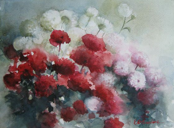 Red and white flowers - watercolor floral art