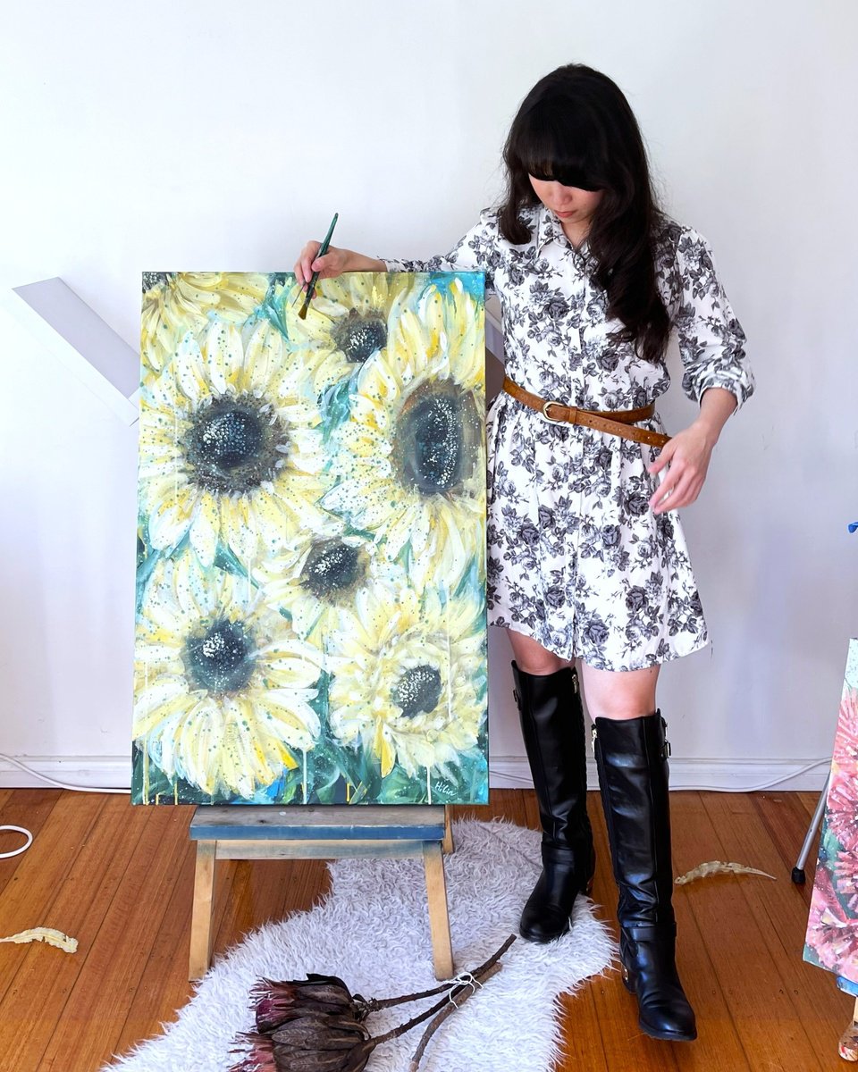 Expressive Botanical Acrylic Painting By Hsin Lin, 24 X 36, The Sunny Side, Original Artwork