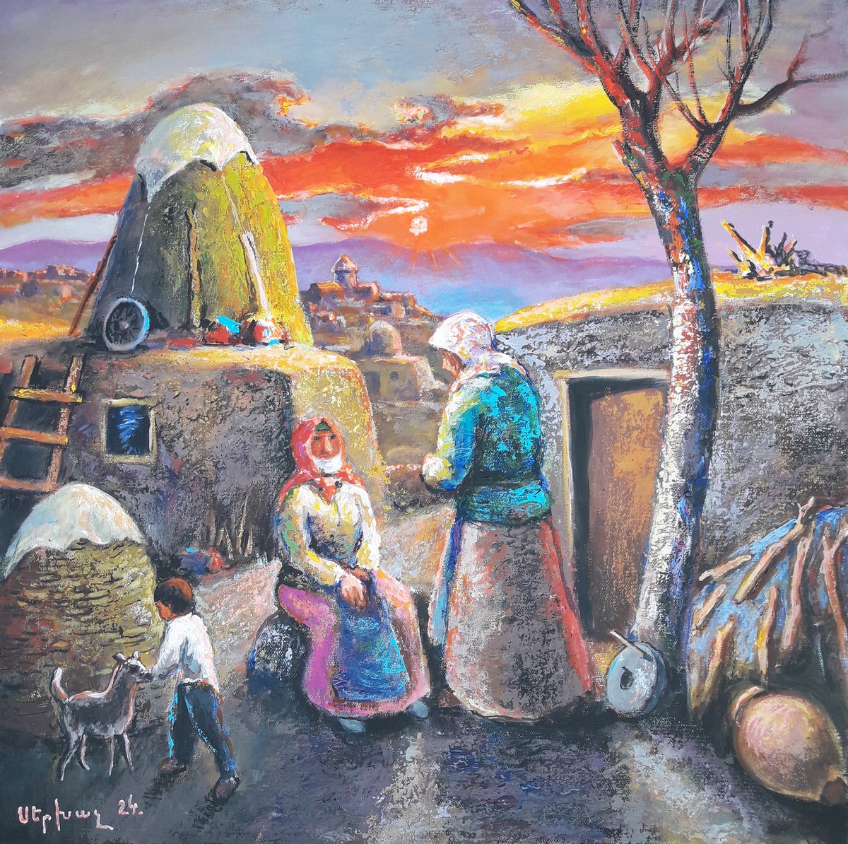 Impressionistic Landscape Oil Painting By Sergey Xachatryan, 24 X 24", Village Autumn Sunset, Original Artwork