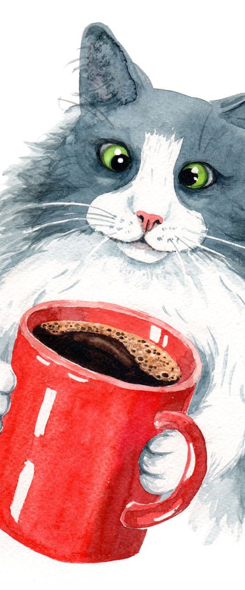 Cat with Coffee Cup by Olga Beliaeva Watercolour