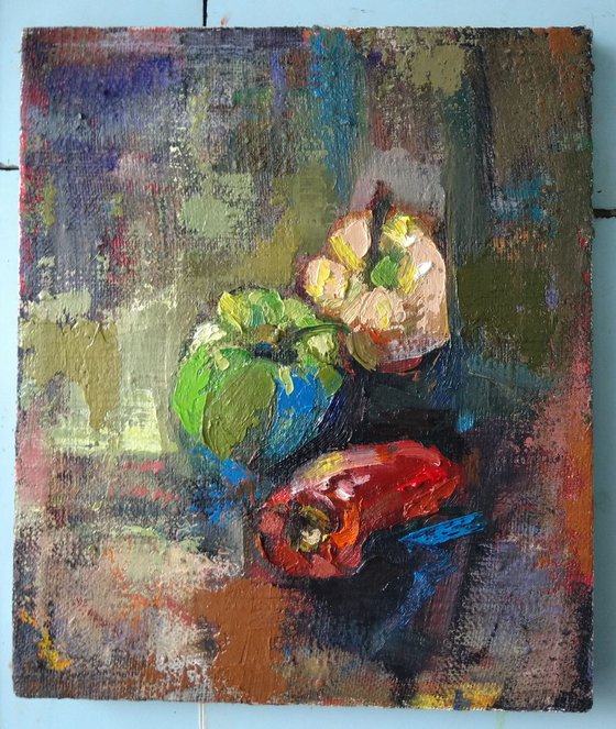 Peppers-Still life(30x35cm, oil painting, ready to hang)