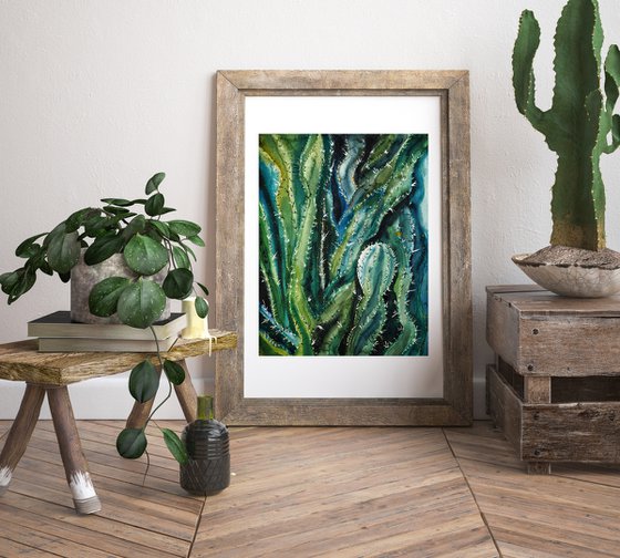 Expressive cacti - green original watercolor succulents