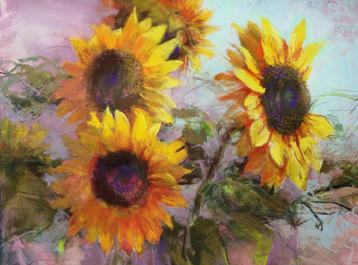 Impressionistic Botanical Pastel Drawing By Silja Salmistu, 24 X 18", Sunflowers 2`23, Original Artwork