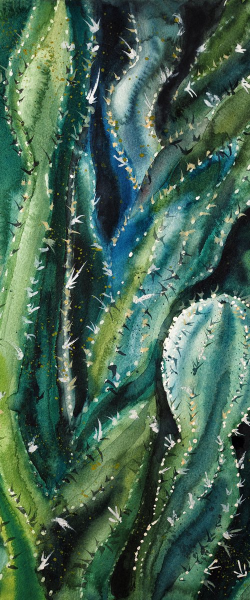 Expressive cacti - green original watercolor succulents by Delnara El