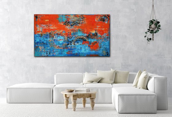 RIMINI - 180 x 100 CMS - ABSTRACT PAINTING - TEXTURED - XXL - BLUE - ORANGE