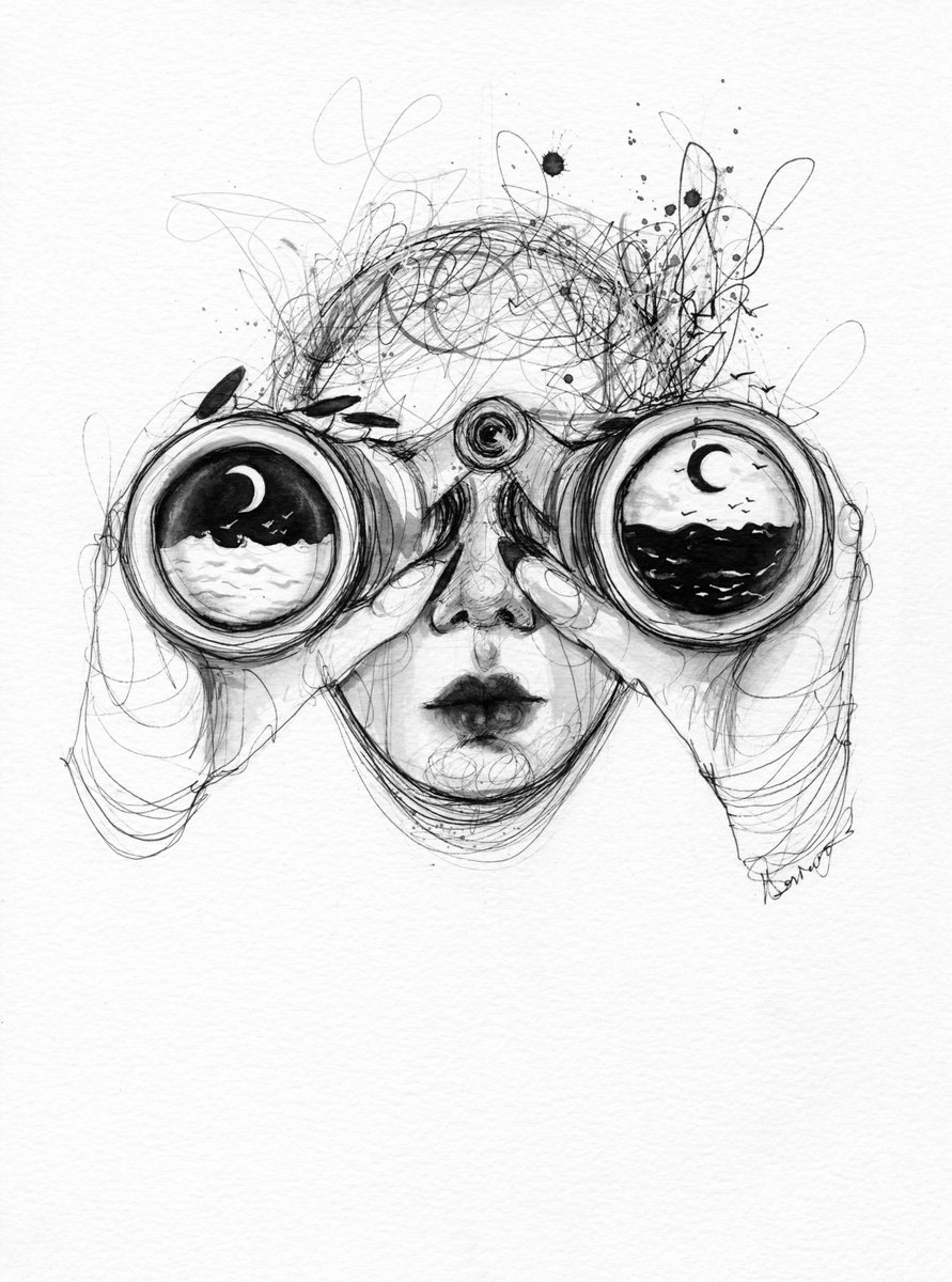 Expressive Portrait Ink Drawing By Doriana Popa, 8 X 11, Binoculars, Original Artwork
