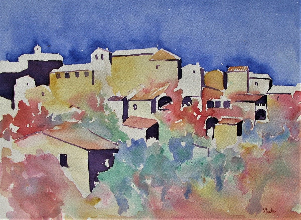 Impressionistic Cityscapes Watercolour By Jean-Noel Le Junter, 21 X 17, French Village 2, Original Artwork