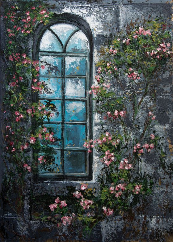"Nostalgic window" Original acryl painting on canvas 50x70x2cm.ready to hang