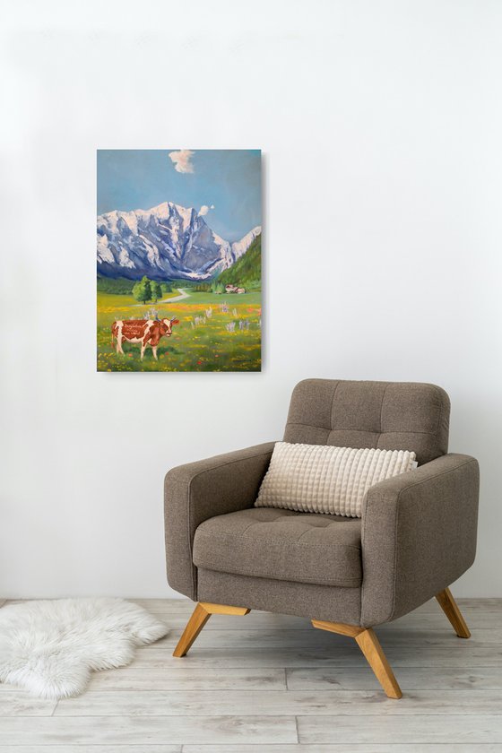 Funny Cow in Switzerland mountains landscape Painting