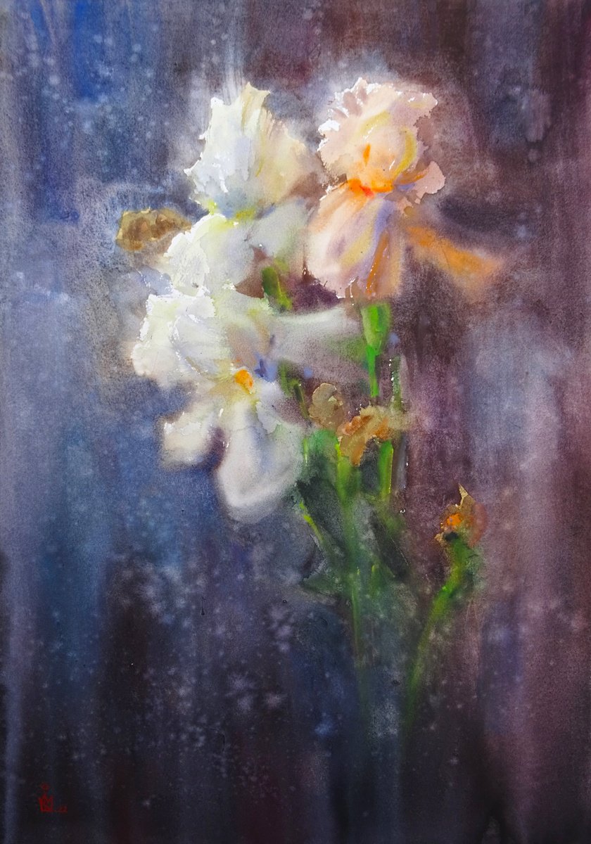 Impressionistic Botanical Watercolour By Maksym Kisilov, 16 X 23", "Irises", Original Artwork