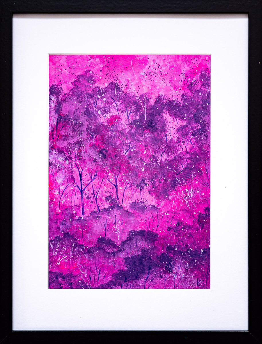 PINK MYSTERY - framed abstract forest, hot pink art, purple trees, fairytale, imagination by Rimma Savina