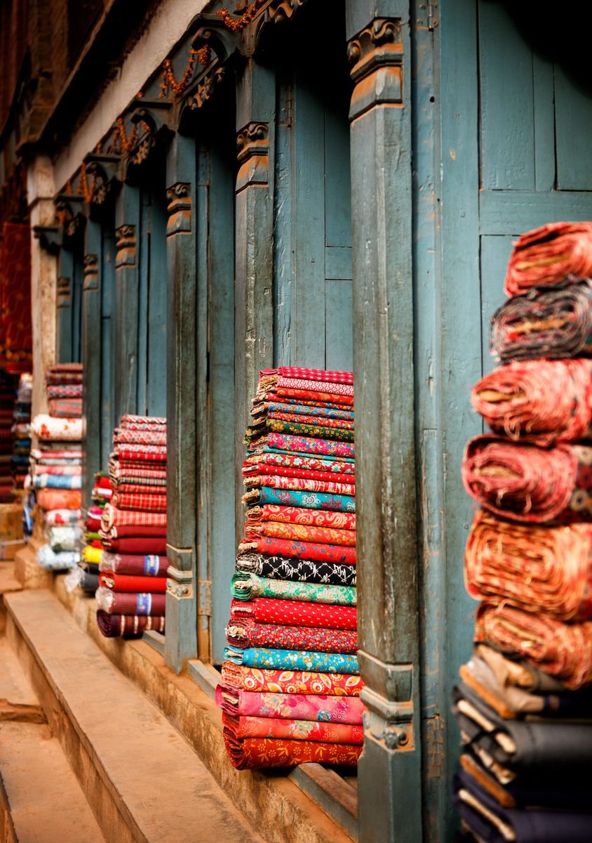 Photorealistic Cityscapes Photograph By Tom Hanslien, 33 X 47", Textile Shop, Bhaktapur, Original Artwork