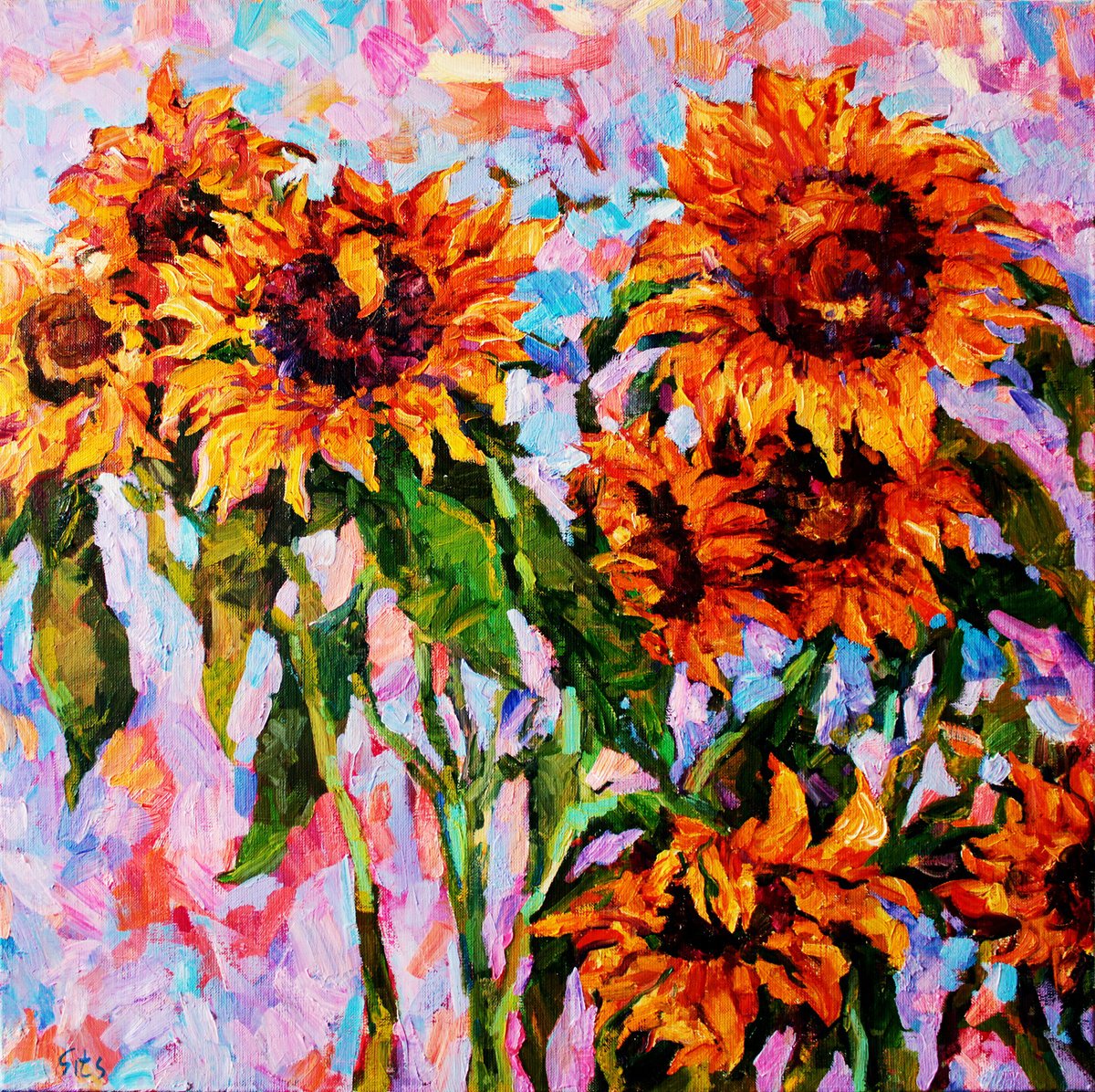 Impressionistic Botanical Oil Painting By Andrei Sitsko, 25 X 25, Sunflowers Ii, Original Artwork