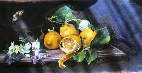 Still life with lemons, tea rose and butterflies