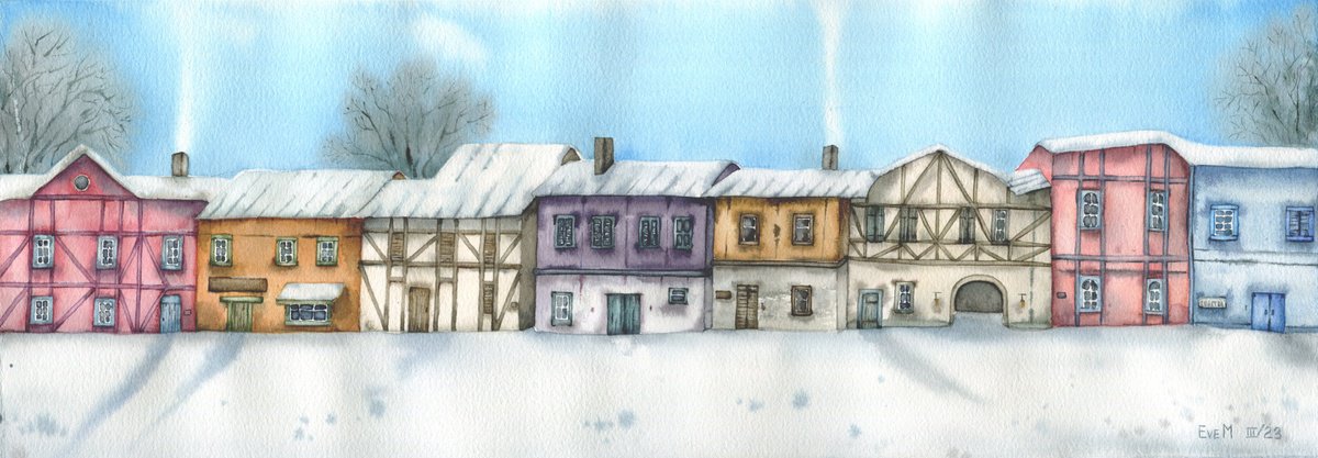 Medieval city. Winter cityscape. Original watercolor. by Evgeniya Mokeeva