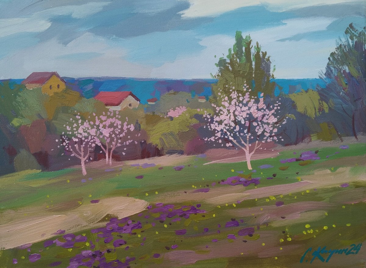 Impressionistic Landscape Acrylic Painting By Sergey Kachin, 24 X 18", In The Garden, Original Artwork