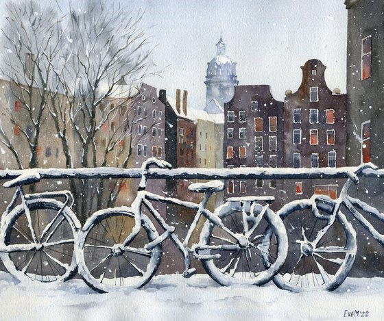 First snow in Amsterdam. Watercolor artwork.