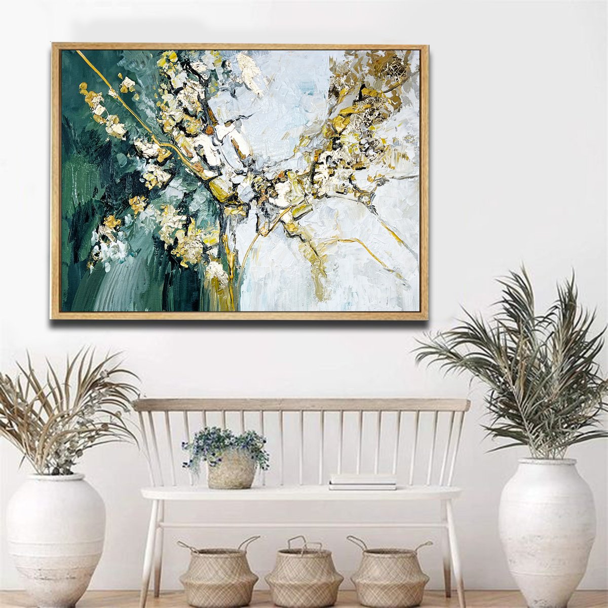 Abstract Acrylic Painting By Sandra Zekk, 24 X 16", Green Gold Connections, Original Artwork