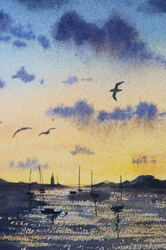 Sunset at the pier. Original watercolor artwork.