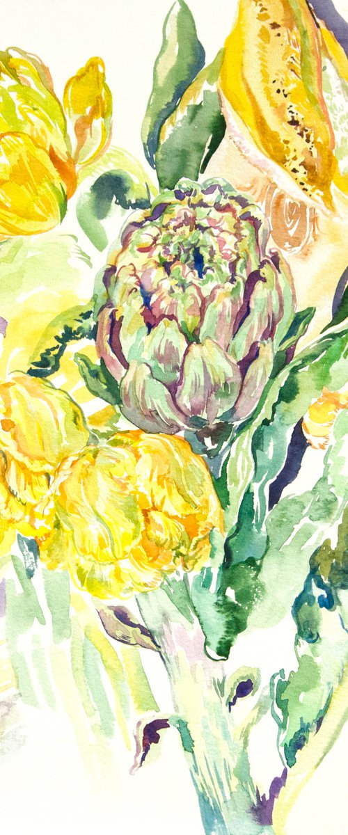 Flower piece with artichoke and yellow tulips by Daria Galinski