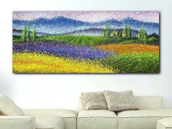 Large lavender wheat Impressionist Painting Large Summer fields Beautiful landscape