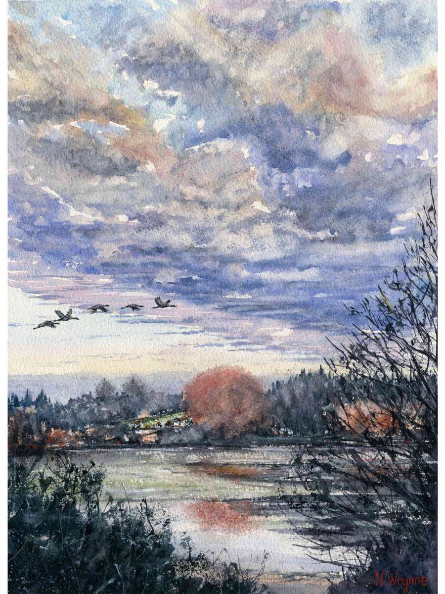 Watercolour Painting Landscape - FORMATION FLYING - Countryside Geese Lake Scene Original... by Neil Wrynne