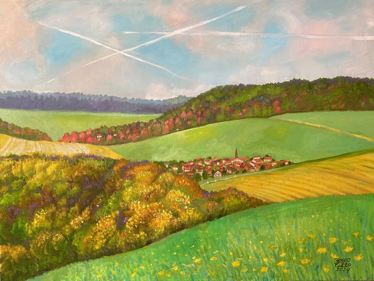 Naive Landscape Oil Painting By Fosco Culto, 31 X 24, Autumn In Thuringia, Original Artwork