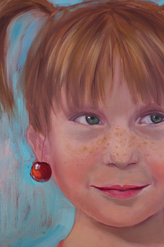 Girl with ponytails, ladybug and cherry earrings portrait
