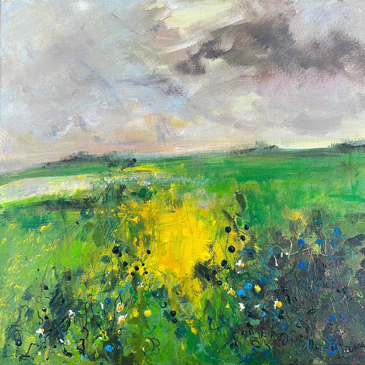 Impressionistic Landscape Painting By Teresa Tanner, 16 X 16", Green Fields Under Stormy Skies, Original Artwork