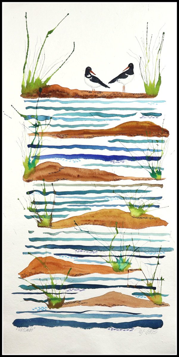 Impressionistic Landscape Watercolour By Mariann Johansen-Ellis, 14 X 27", Wetlands, Original Artwork