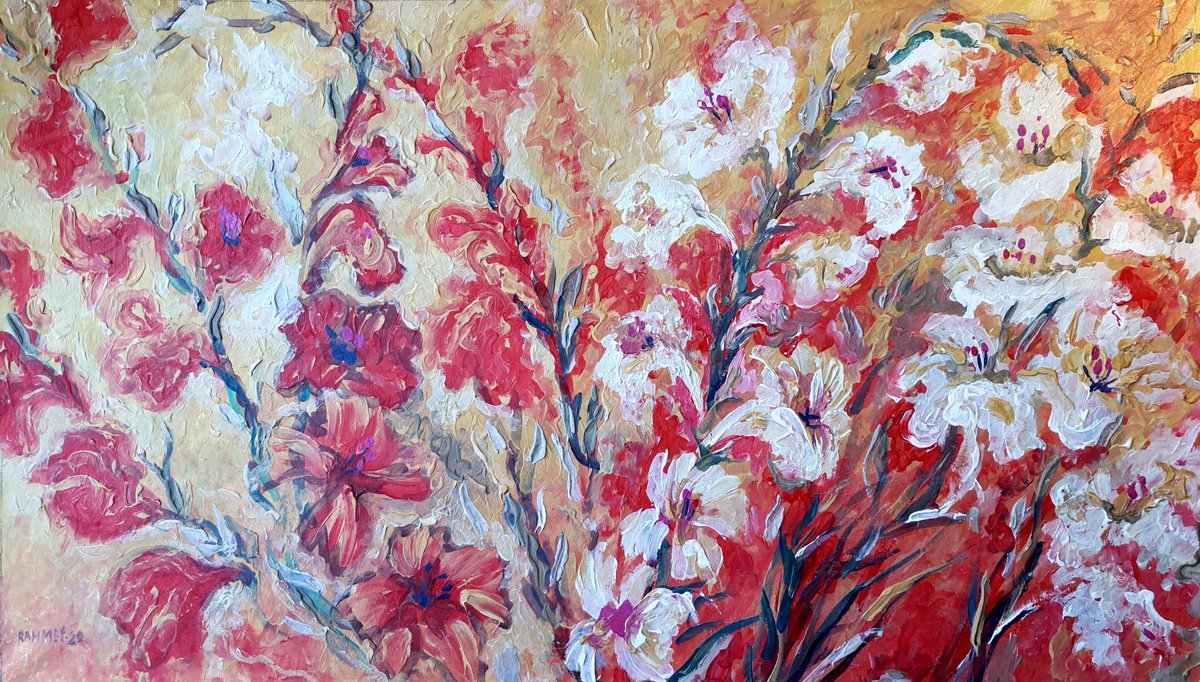 Impressionistic Botanical Acrylic Painting By Rakhmet Redzhepov, 28 X 16", In The Garden, Original Artwork