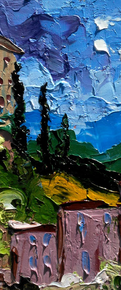 Italy Painting Cityscape Original Art Castle Small Oil Impasto Palette Knife Artwork Old City Home Wall Art 5 by 7" by Halyna Kirichenko by Halyna Kirichenko