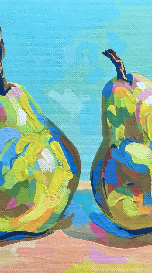 Two pears on a blue background by Ole Karako