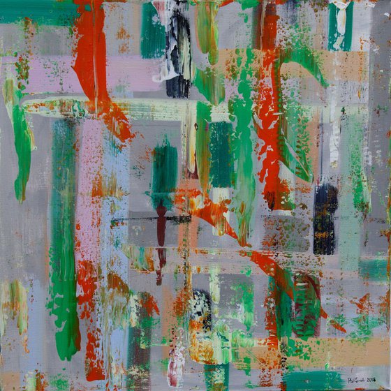 Abstract in green, orange and grey