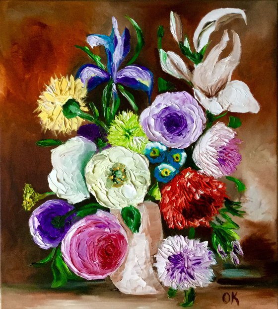 BOUQUET OF FLOWERS... palette knife modern blue red pink white still life  flowers peonies irises roses Dutch style office home decor gift