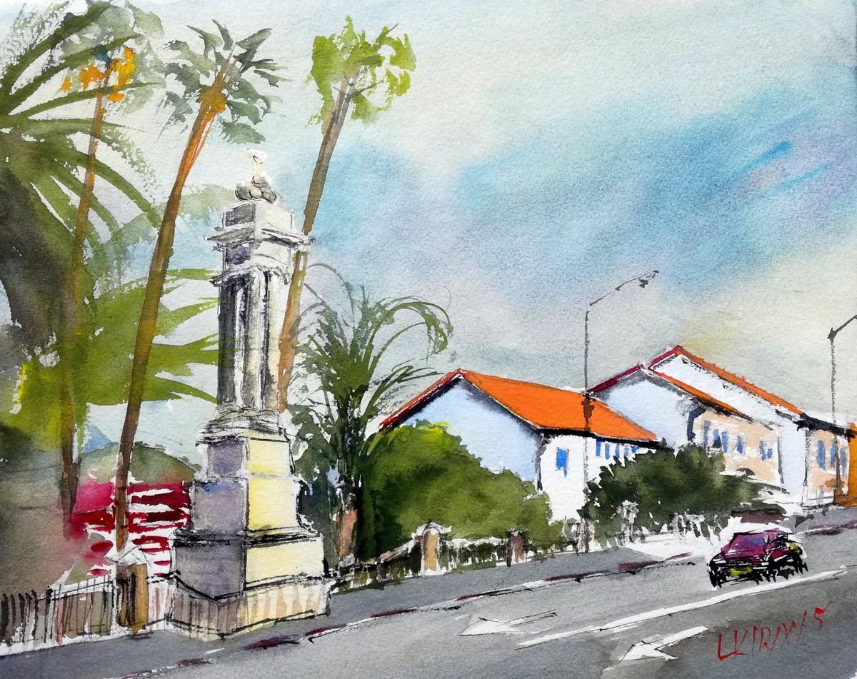 Impressionistic Cityscapes Watercolour By Leonid Kirnus, 13 X 10", The Old Train Station, Original Artwork