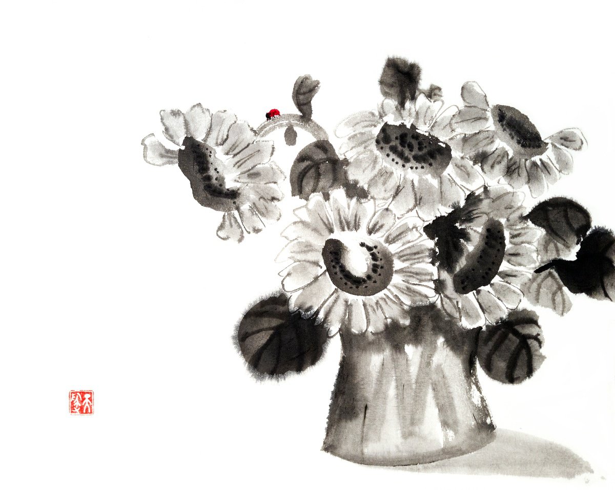 Monochromatic ink sunflowers and red ladybug - Oriental Chinese Ink Painting by Ilana Shechter