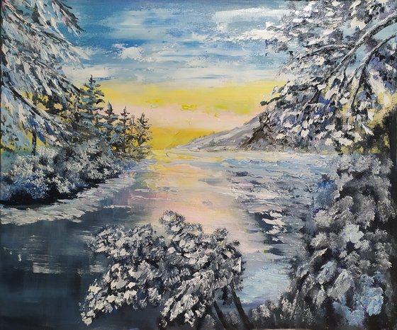 Snow, original winter landscape , trees in snow, gift art, bedroom painting