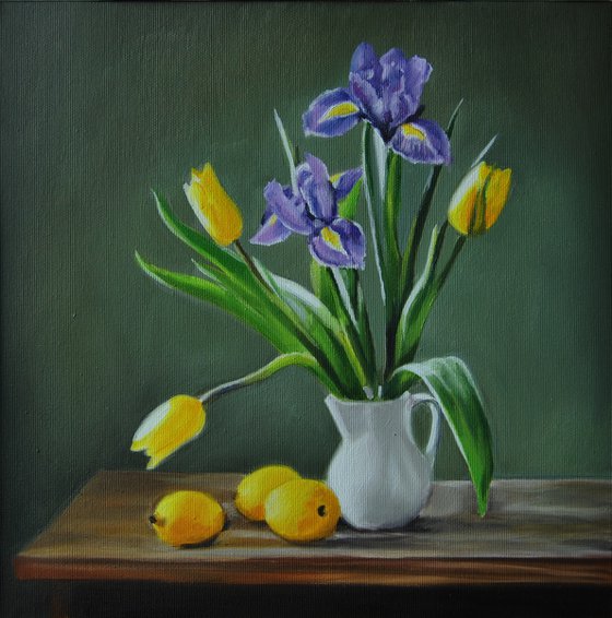 Still Life with Flowers and Lemons, Bunch of Yellow Tulips in a Vase, Fruit Painting, Food art