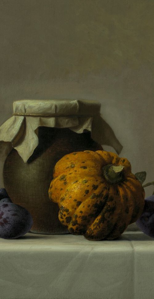 Honey and pumpkin, 41 x 51 cm, 2018, oil on canvas, original classic still life by Davit Davtyan